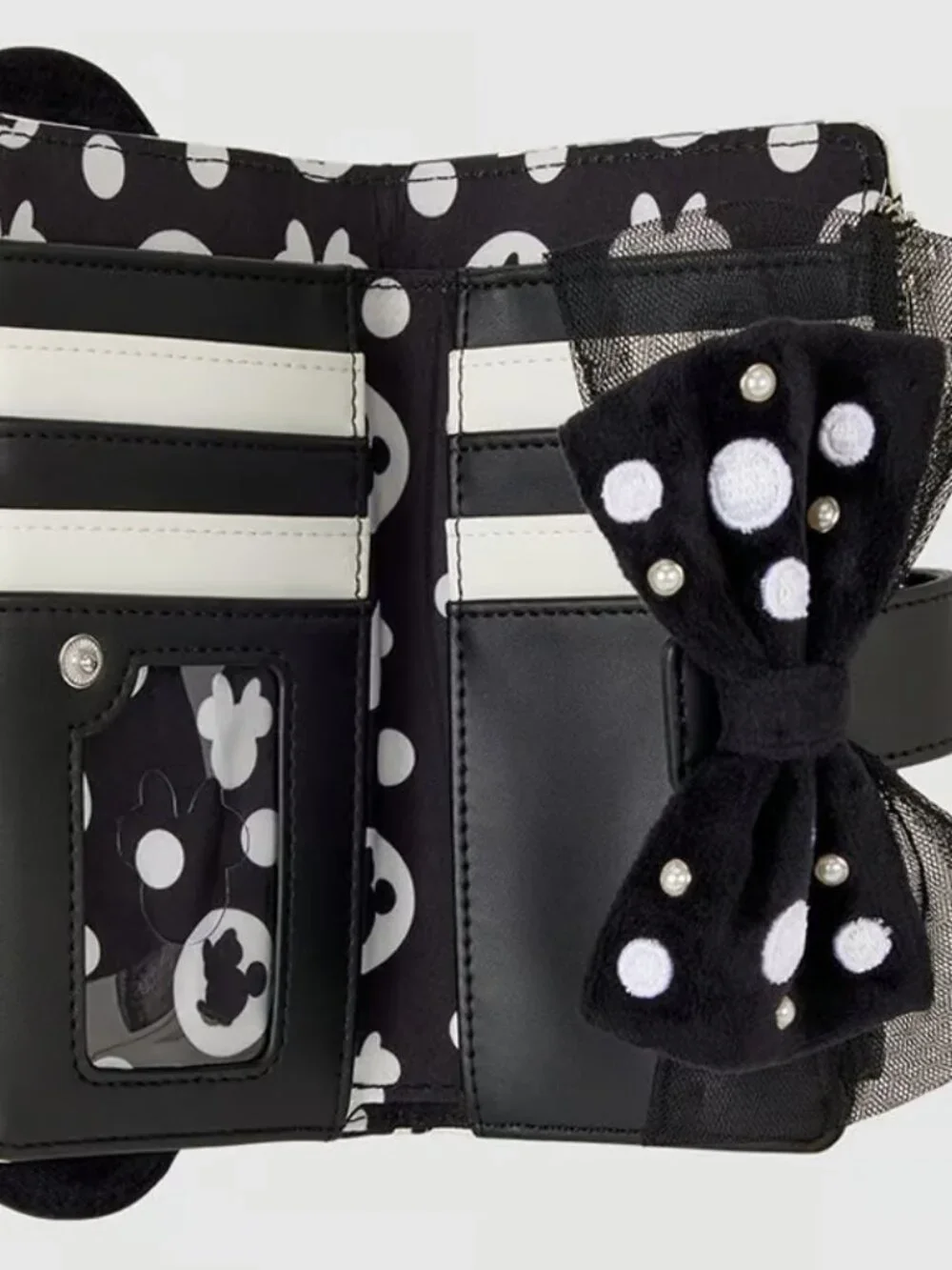 Loungefly Disney Minnie Mouse Polka Dot Pearl Wallet Black White Bow Accent New